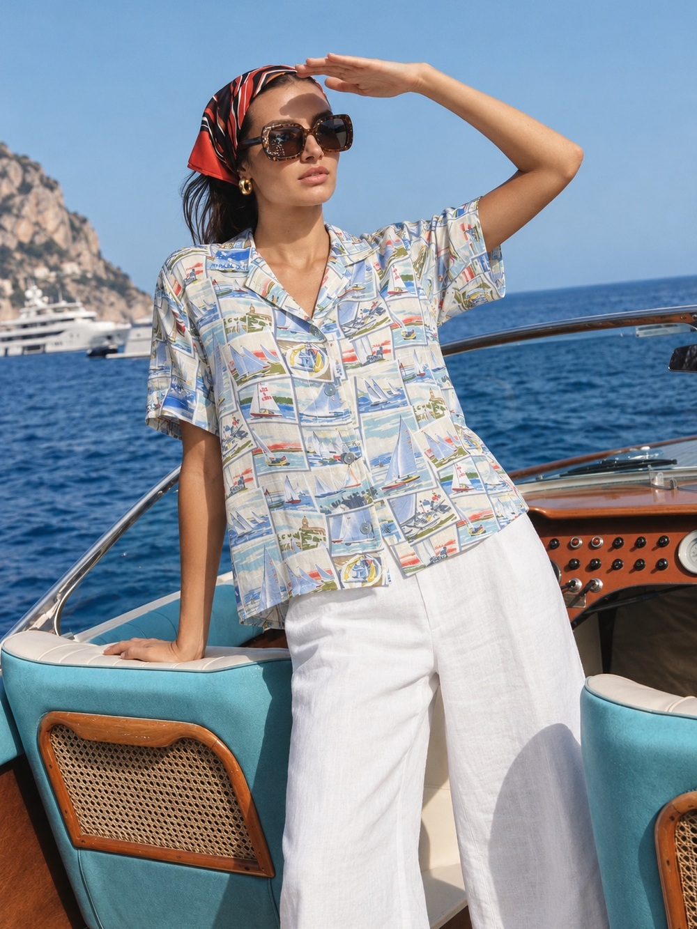 Line Two Retro Postcard Sailboat Nautical Novelty Print Shirt Size M